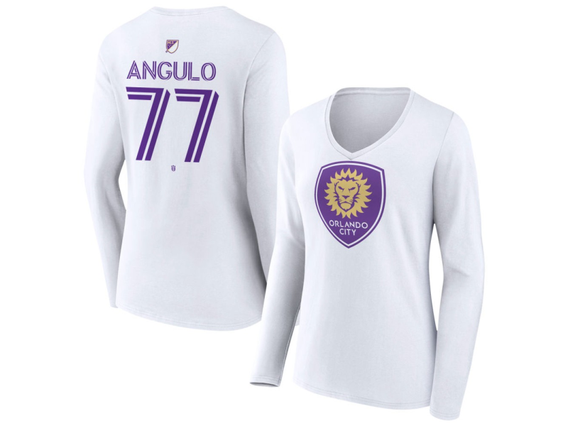 Women's Orlando City SC Authentic Stack #77 Ivan Angulo Long Sleeve V-Neck T-Shirt - White