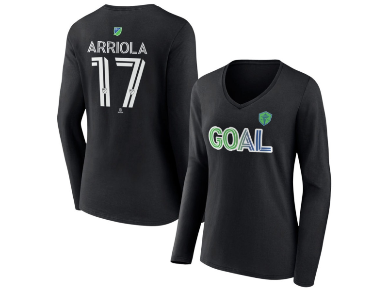 Women's Seattle Sounders FC Goal #17 Paul Arriola V-Neck Long Sleeve T-Shirt - Black