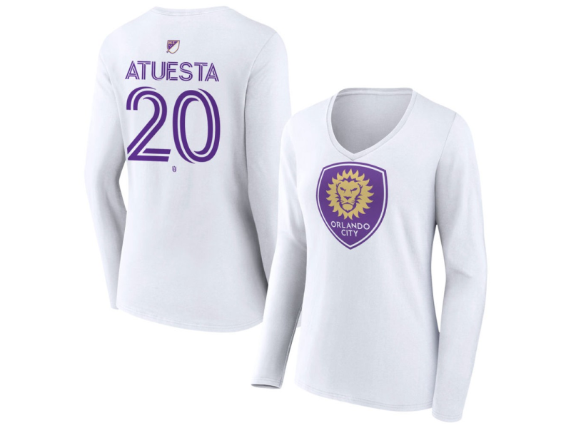 Women's Orlando City SC Authentic Stack #20 Eduard Atuesta Long Sleeve V-Neck T-Shirt - White