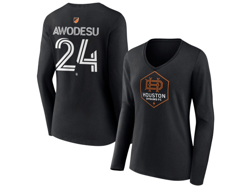 Women's Houston Dynamo FC Authentic Stack #24 Obafemi Awodesu Long Sleeve V-Neck T-Shirt - Black