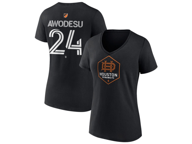 Women's Houston Dynamo FC Authentic Stack #24 Obafemi Awodesu V-Neck T-Shirt - Black
