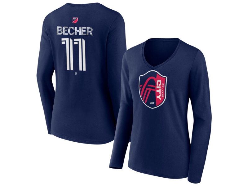 Women's St. Louis City SC #11 Simon Becher Team Authentic Long Sleeve V-Neck T-Shirt - Navy