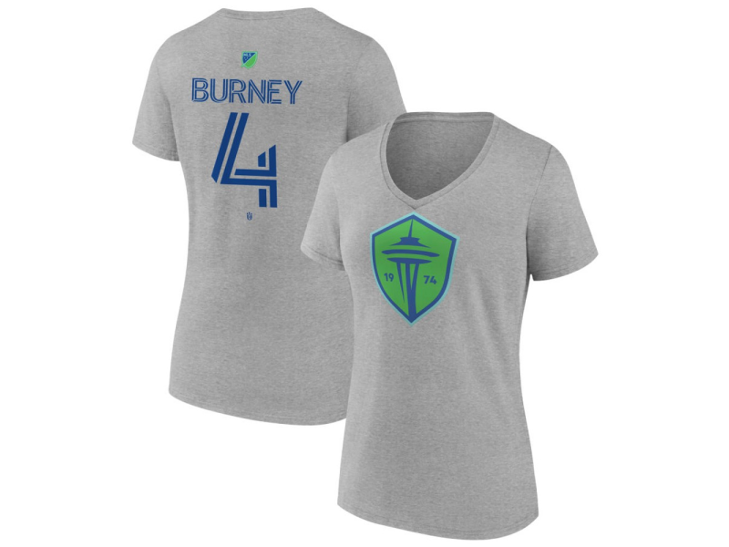 Women's Seattle Sounders FC Authentic Stack #4 Leo Burney V-Neck T-Shirt - Gray