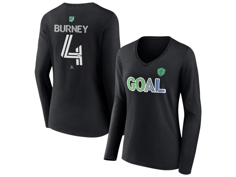 Women's Seattle Sounders FC Goal #4 Leo Burney V-Neck Long Sleeve T-Shirt - Black
