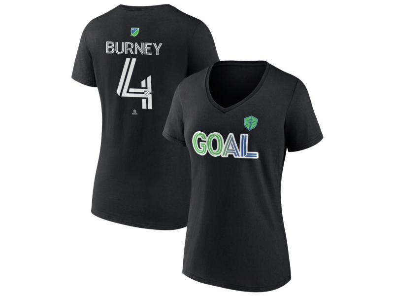 Women's Seattle Sounders FC Goal #4 Leo Burney V-Neck T-Shirt - Black