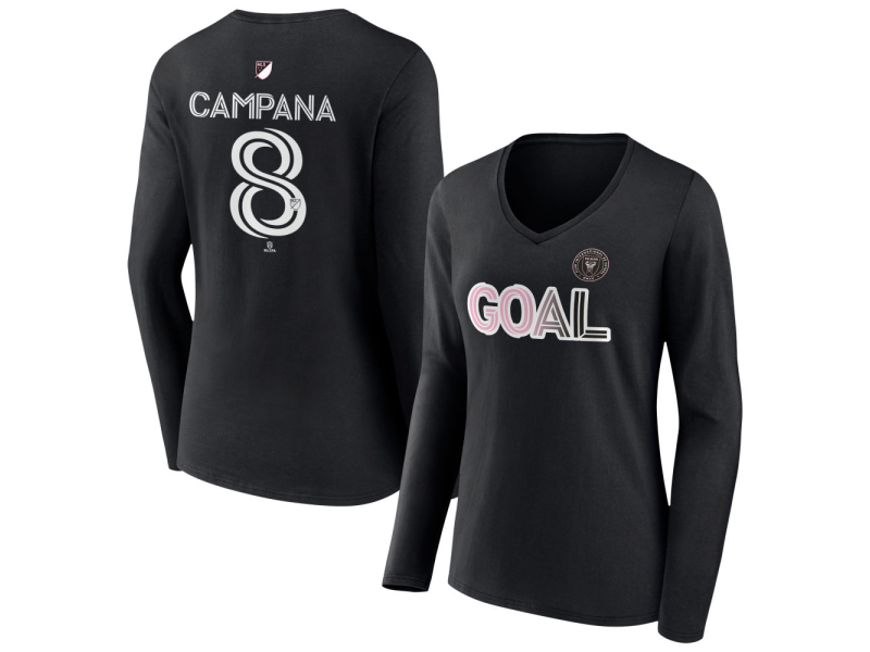 Women's Inter Miami CF Goal #8 Leonardo Campana V-Neck Long Sleeve T-Shirt - Black