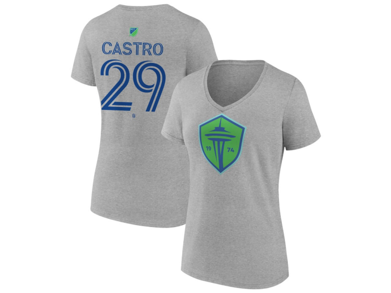 Women's Seattle Sounders FC Authentic Stack #29 Jacob Castro V-Neck T-Shirt - Gray