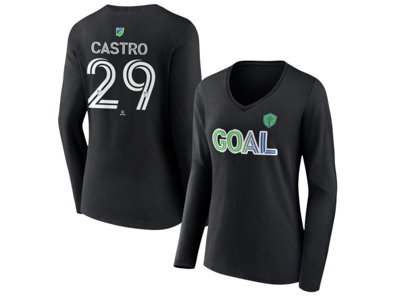 Women's Seattle Sounders FC Goal #29 Jacob Castro V-Neck Long Sleeve T-Shirt - Black