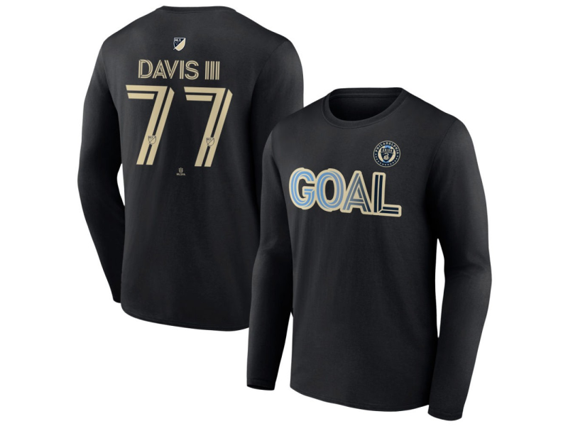 Men's Philadelphia Union Goal #77 Eddy Davis III Long Sleeve T-Shirt - Black