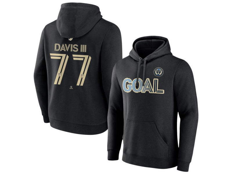 Men's Philadelphia Union Goal #77 Eddy Davis III Pullover Hoodie - Black
