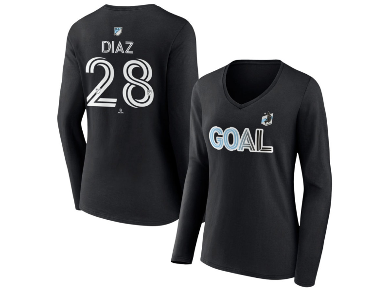 Women's Minnesota United FC Goal #28 Jefferson Diaz V-Neck Long Sleeve T-Shirt - Black