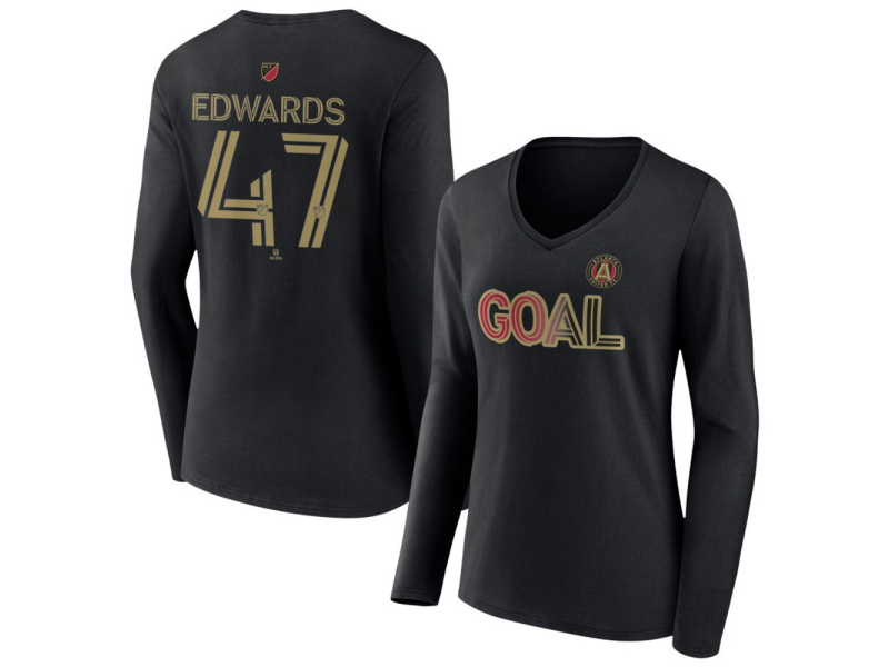 Women's Atlanta United FC Goal #47 Matt Edwards V-Neck Long Sleeve T-Shirt - Black