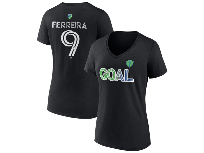 Women's Seattle Sounders FC Goal #9 Jesus Ferreira V-Neck T-Shirt - Black