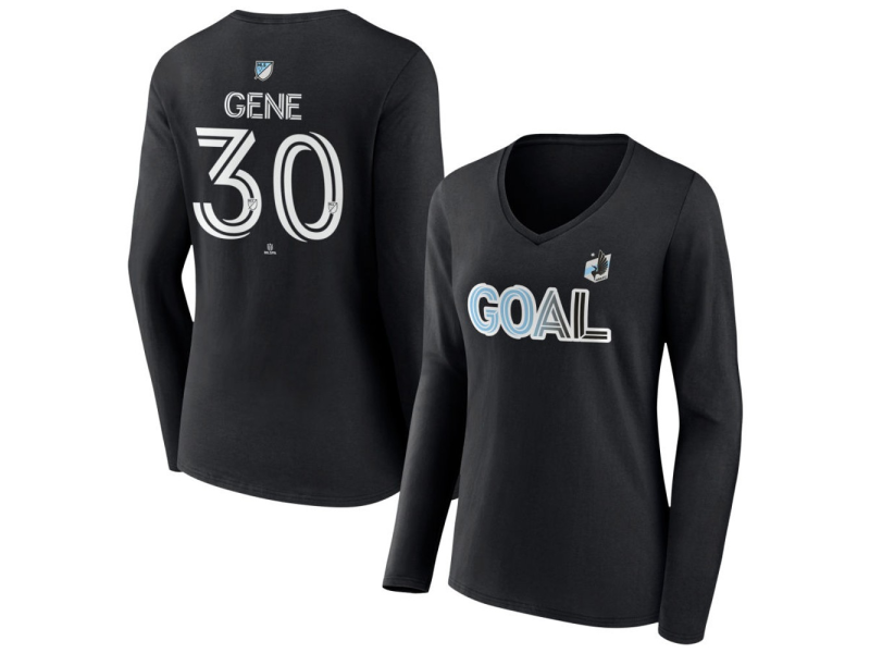 Women's Minnesota United FC Goal #30 Owen Gene V-Neck Long Sleeve T-Shirt - Black