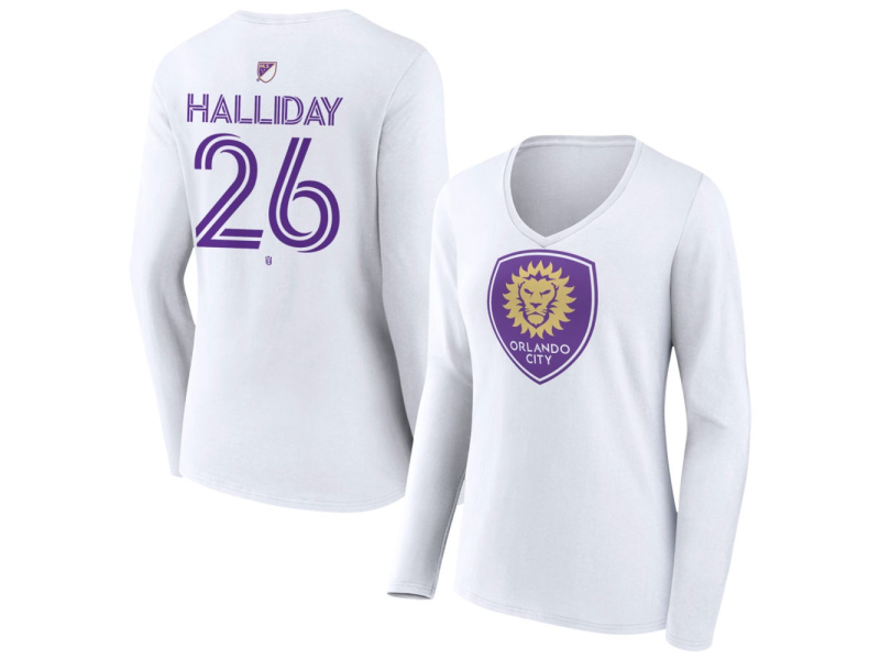 Women's Orlando City SC Authentic Stack #26 Michael Halliday Long Sleeve V-Neck T-Shirt - White