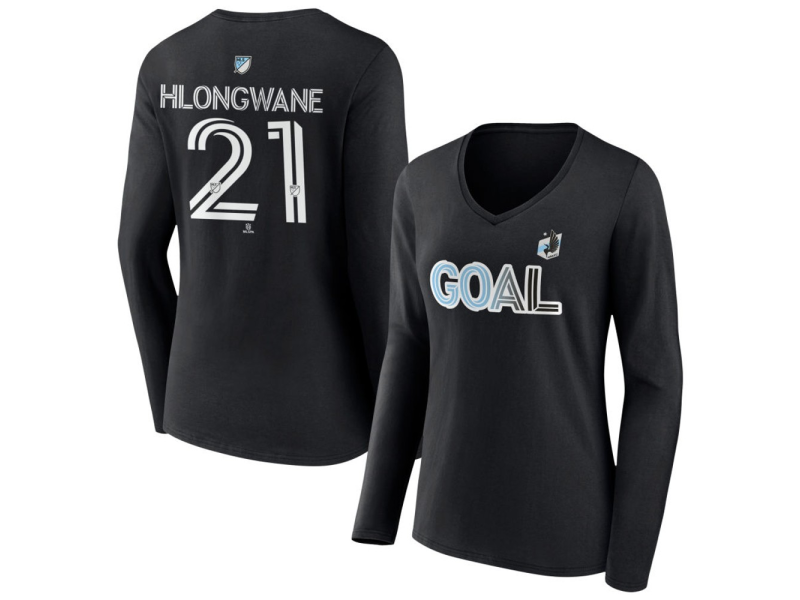 Women's Minnesota United FC Goal #21 Bongokuhle Hlongwane V-Neck Long Sleeve T-Shirt - Black