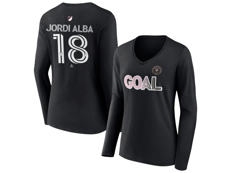 Women's Inter Miami CF Goal #18 Alba Jordi V-Neck Long Sleeve T-Shirt - Black