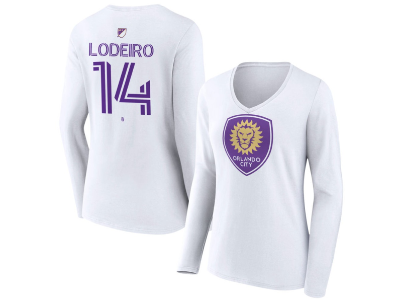 Women's Orlando City SC Authentic Stack #14 Nicholas Lodeiro Long Sleeve V-Neck T-Shirt - White