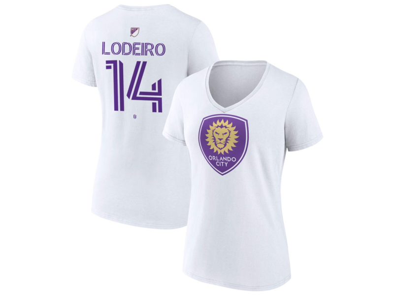 Women's Orlando City SC Authentic Stack #14 Nicholas Lodeiro V-Neck T-Shirt - White