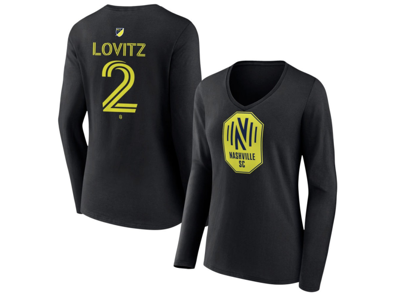 Women's Nashville SC #2 Daniel Lovitz Team Authentic Long Sleeve V-Neck T-Shirt - Black