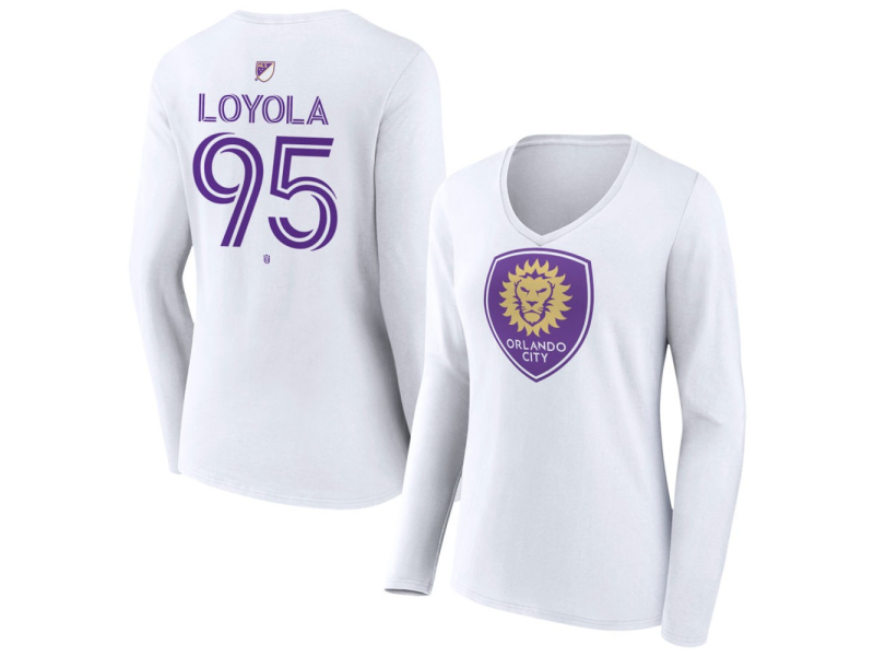 Women's Orlando City SC Authentic Stack #95 Favian Loyola Long Sleeve V-Neck T-Shirt - White