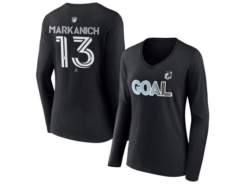 Women's Minnesota United FC Goal #13 Anthony Markanich V-Neck Long Sleeve T-Shirt - Black