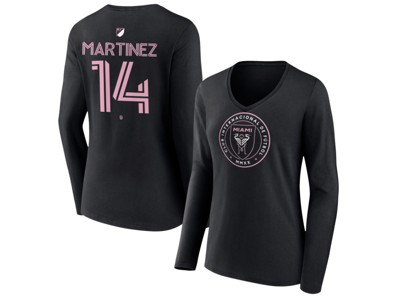 Women's Inter Miami CF Authentic Stack #14 David Martinez Long Sleeve V-Neck T-Shirt - Black
