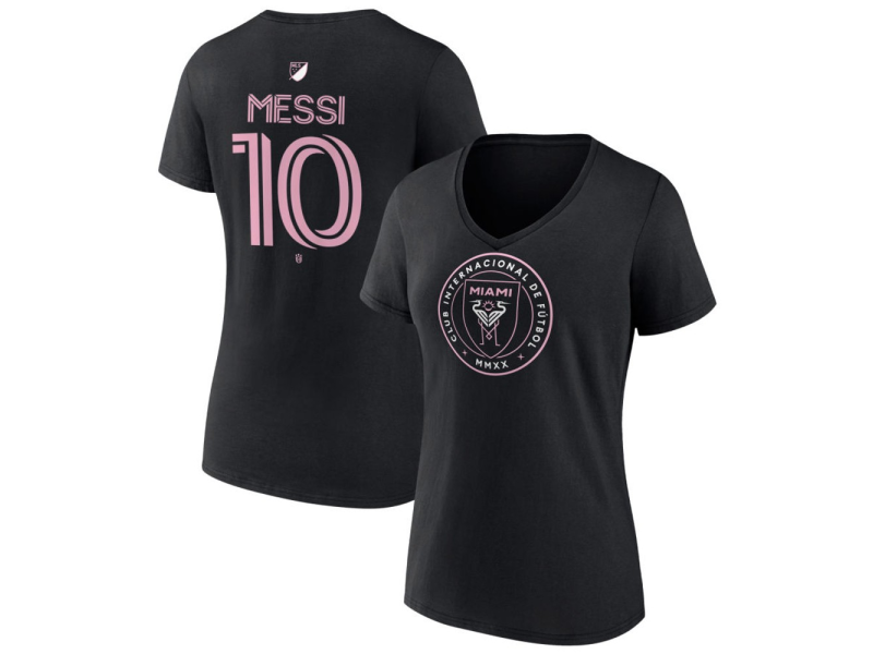Women's Inter Miami CF Authentic Stack #10 Lionel Messi V-Neck T-Shirt - Black