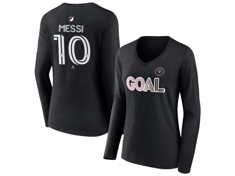 Women's Inter Miami CF Goal #10 Lionel Messi V-Neck Long Sleeve T-Shirt - Black
