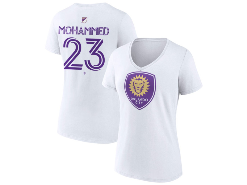 Women's Orlando City SC Authentic Stack #23 Shakur Mohammed V-Neck T-Shirt - White