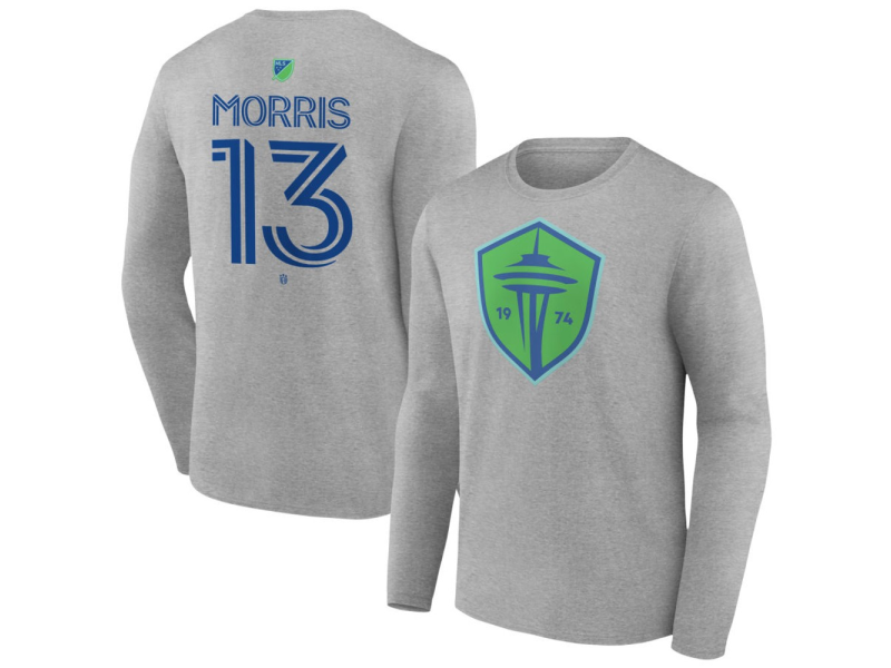 Men's Seattle Sounders FC Authentic Stack #13 Jordan Morris Long Sleeve T-Shirt - Gray