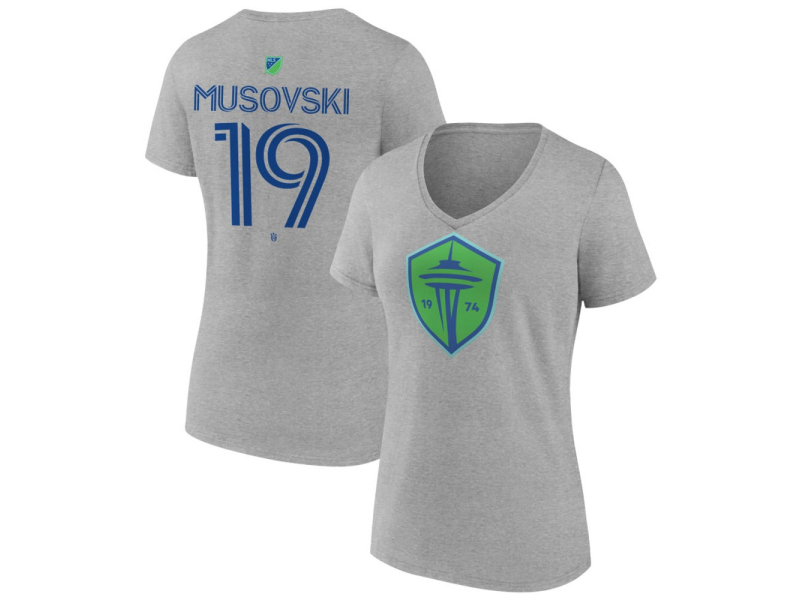 Women's Seattle Sounders FC Authentic Stack #19 Danny Musovski V-Neck T-Shirt - Gray