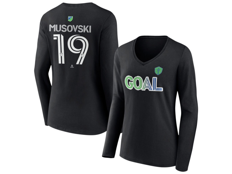 Women's Seattle Sounders FC Goal #19 Danny Musovski V-Neck Long Sleeve T-Shirt - Black