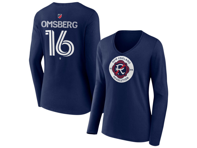 Women's New England Revolution #16 Wyatt Omsberg Team Authentic Long Sleeve V-Neck T-Shirt - Navy