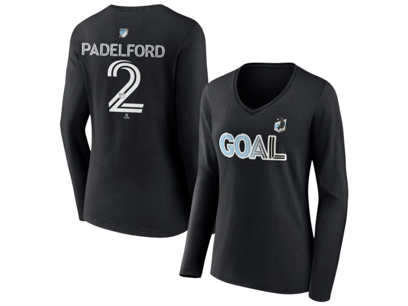Women's Minnesota United FC Goal #2 Devin Padelford V-Neck Long Sleeve T-Shirt - Black