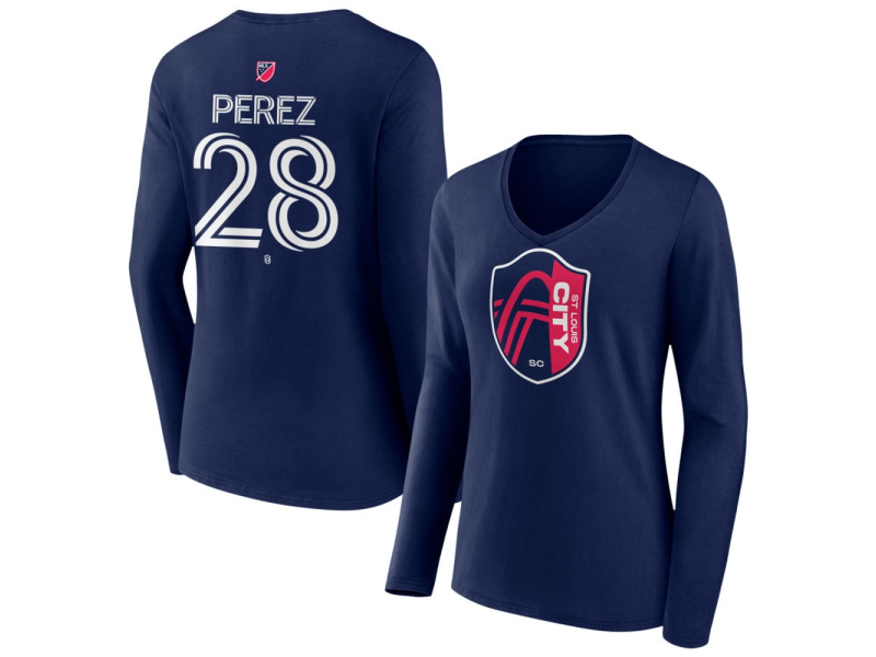 Women's St. Louis City SC #28 Miguel Perez Team Authentic Long Sleeve V-Neck T-Shirt - Navy