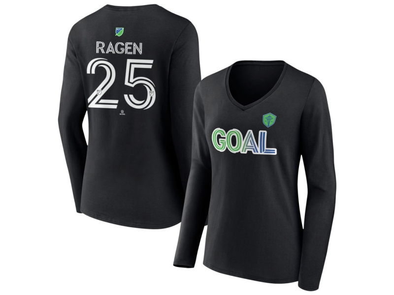 Women's Seattle Sounders FC Goal #25 Jackson Ragen V-Neck Long Sleeve T-Shirt - Black