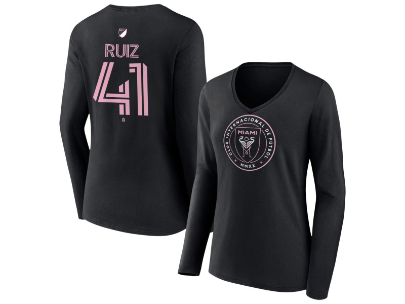 Women's Inter Miami CF Authentic Stack #41 David Ruiz Long Sleeve V-Neck T-Shirt - Black