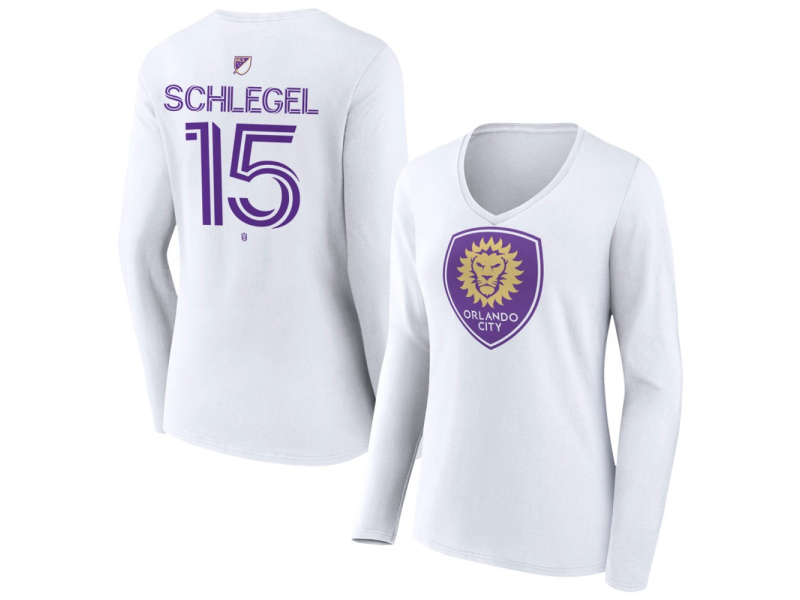 Women's Orlando City SC Authentic Stack #15 Rodrigo Schlegel Long Sleeve V-Neck T-Shirt - White
