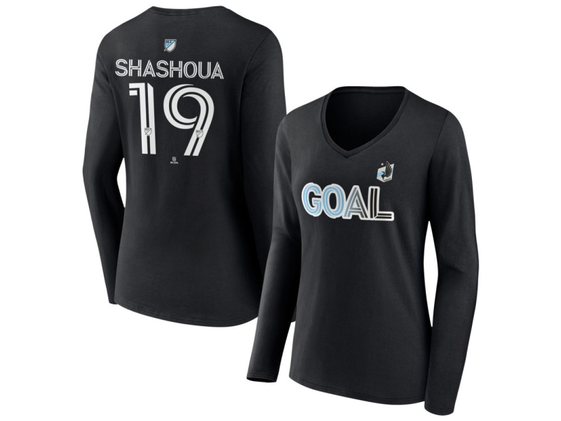 Women's Minnesota United FC Goal #19 Samuel Shashoua V-Neck Long Sleeve T-Shirt - Black