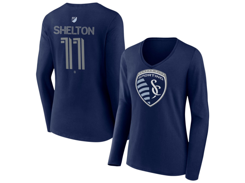 Women's Sporting Kansas City #11 Khiry Shelton Team Authentic Long Sleeve V-Neck T-Shirt - Navy