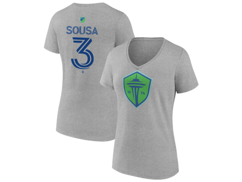 Women's Seattle Sounders FC Authentic Stack #3 Travian Sousa V-Neck T-Shirt - Gray