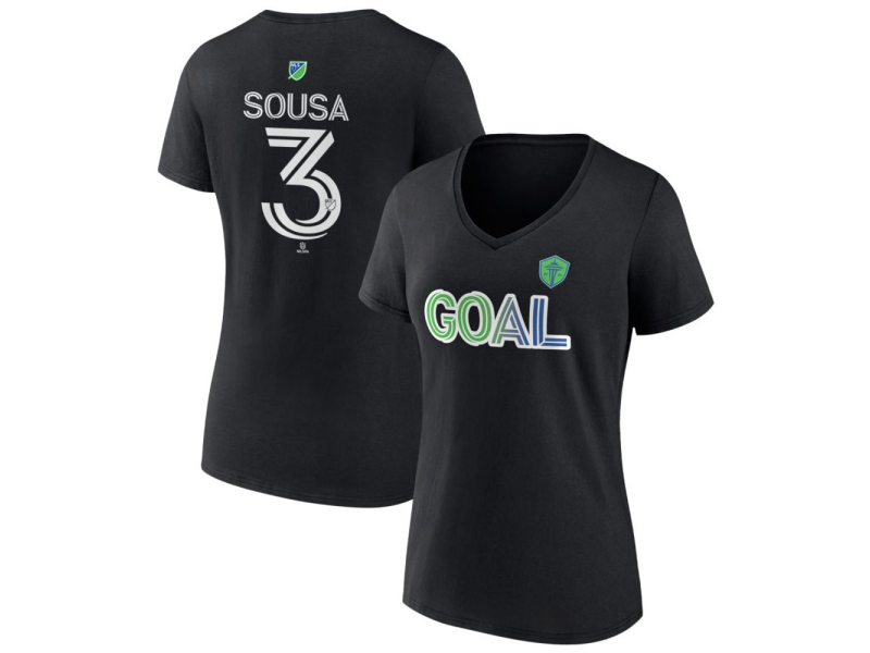 Women's Seattle Sounders FC Goal #3 Travian Sousa V-Neck T-Shirt - Black
