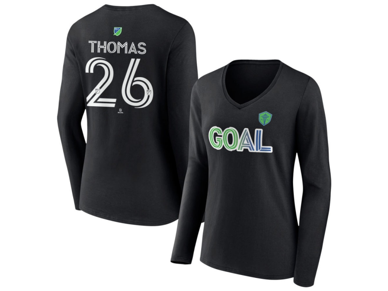 Women's Seattle Sounders FC Goal #26 Andrew Thomas V-Neck Long Sleeve T-Shirt - Black