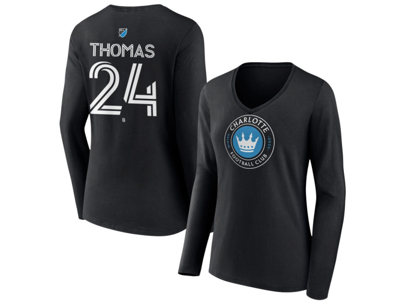 Women's Charlotte FC #24 Mikah Thomas Team Authentic Long Sleeve V-Neck T-Shirt - Black