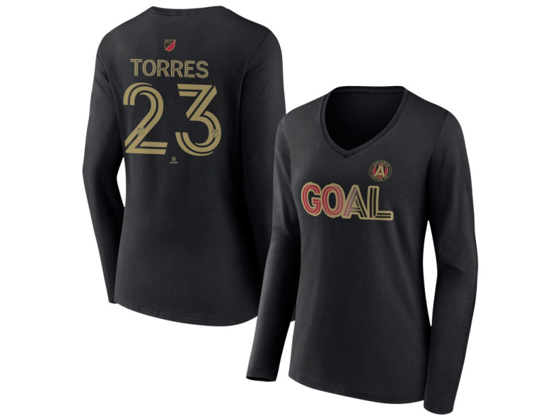 Women's Atlanta United FC Goal #23 Adyn Torres V-Neck Long Sleeve T-Shirt - Black