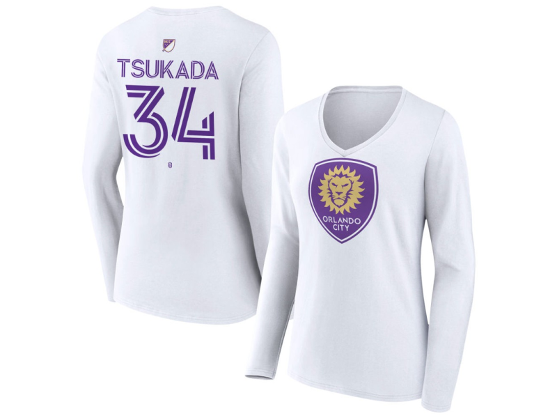 Women's Orlando City SC Authentic Stack #34 Yutaro Tsukada Long Sleeve V-Neck T-Shirt - White