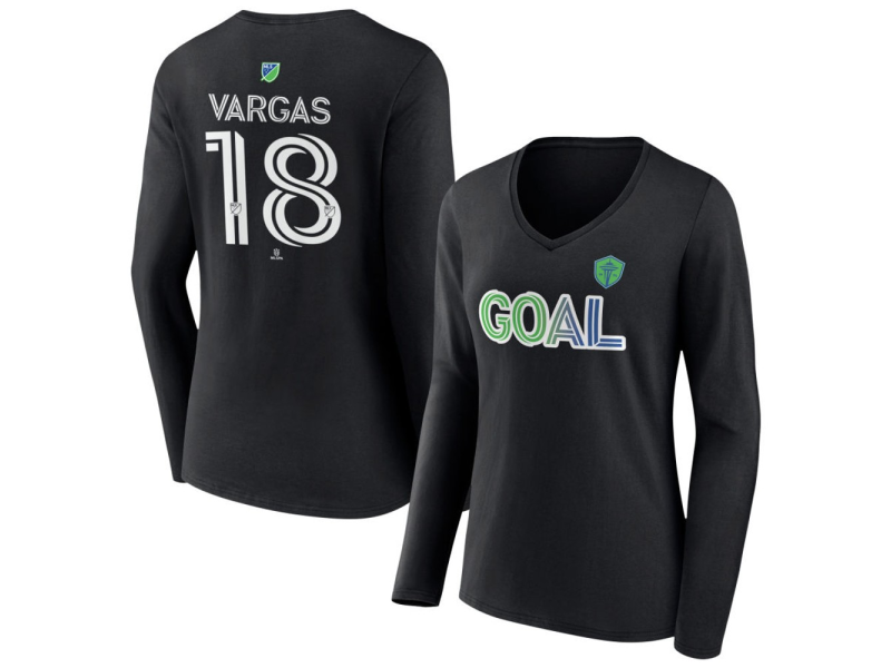 Women's Seattle Sounders FC Goal #18 Obed Vargas V-Neck Long Sleeve T-Shirt - Black