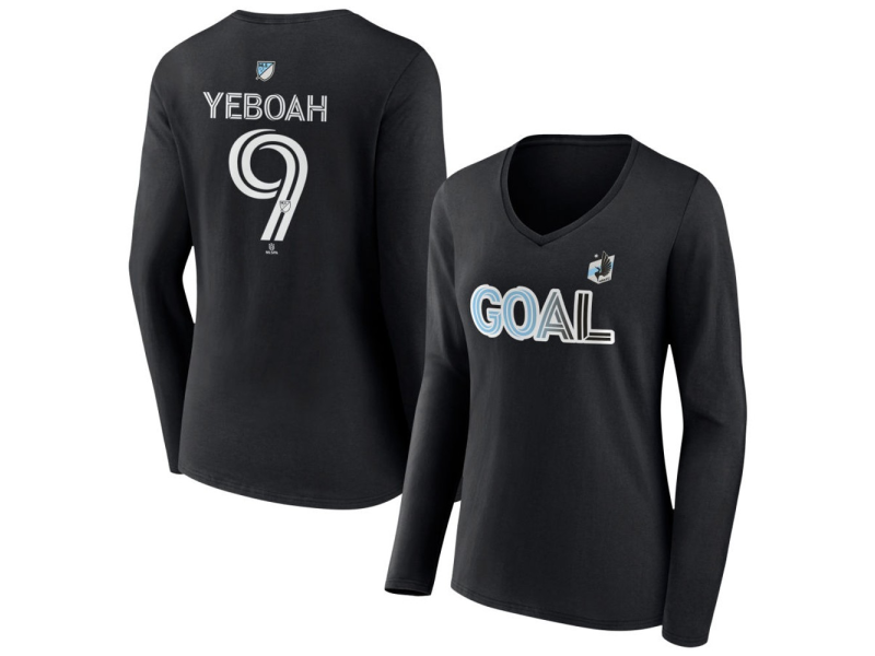 Women's Minnesota United FC Goal #9 Kelvin Yeboah V-Neck Long Sleeve T-Shirt - Black